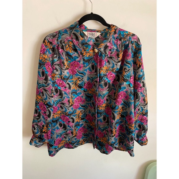Cricket Lane Tops - Cricket Lane Vintage Paisley Floral Satin Blouse Pink Blue Long Sleeve Large